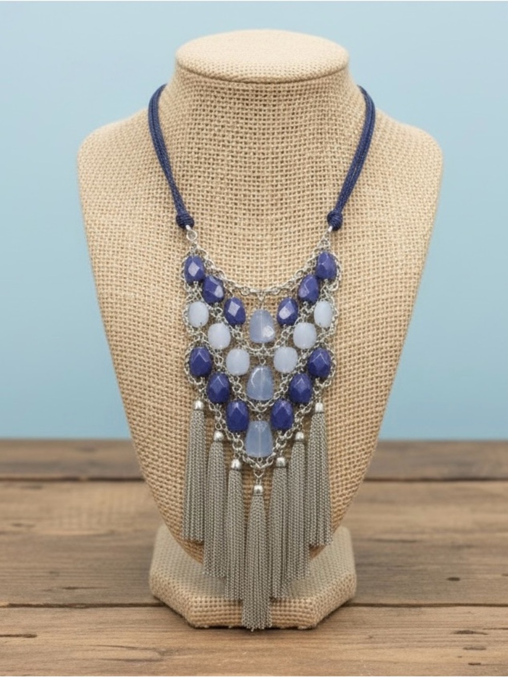 Chico’s Blue Statement Tassel Bib Necklace NWT